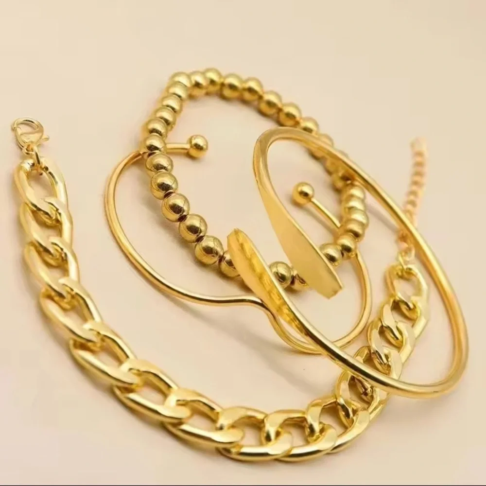 Four 4 Bracelets Set Gold
